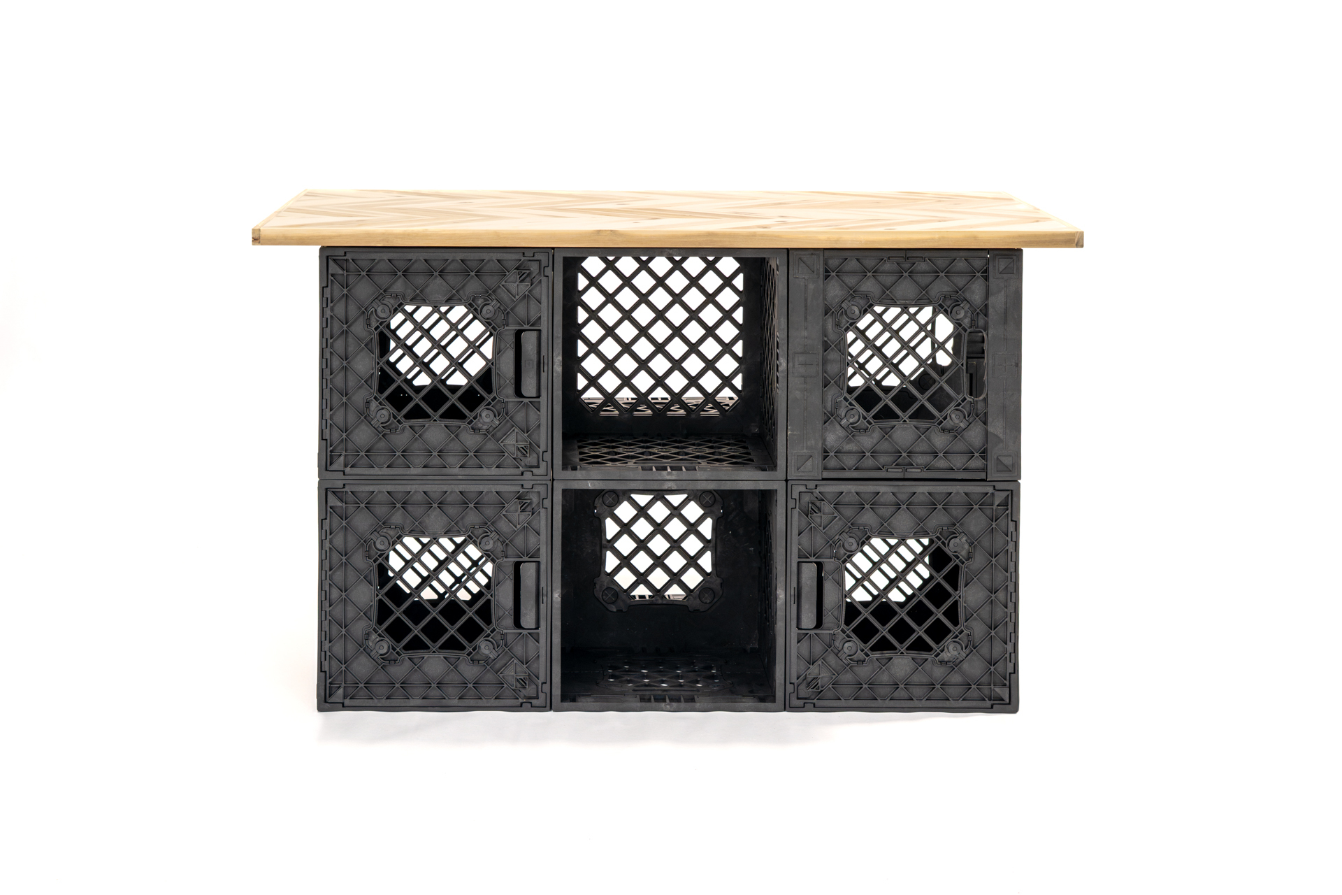 CrateShot Bench Base Setup A front-facing view of the CrateShot Bench base showing six UbeCube crates arranged under a wood worktop, with open center storage and door-panel access on both sides.