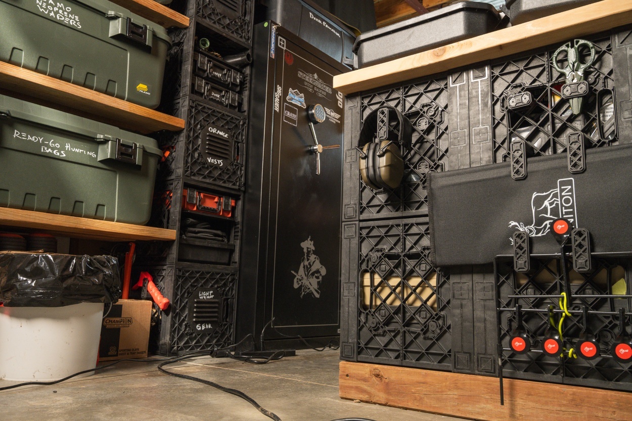 Modular CrateShot gun room setup with gear wall storage system, rifle safe, and mounted accessories
