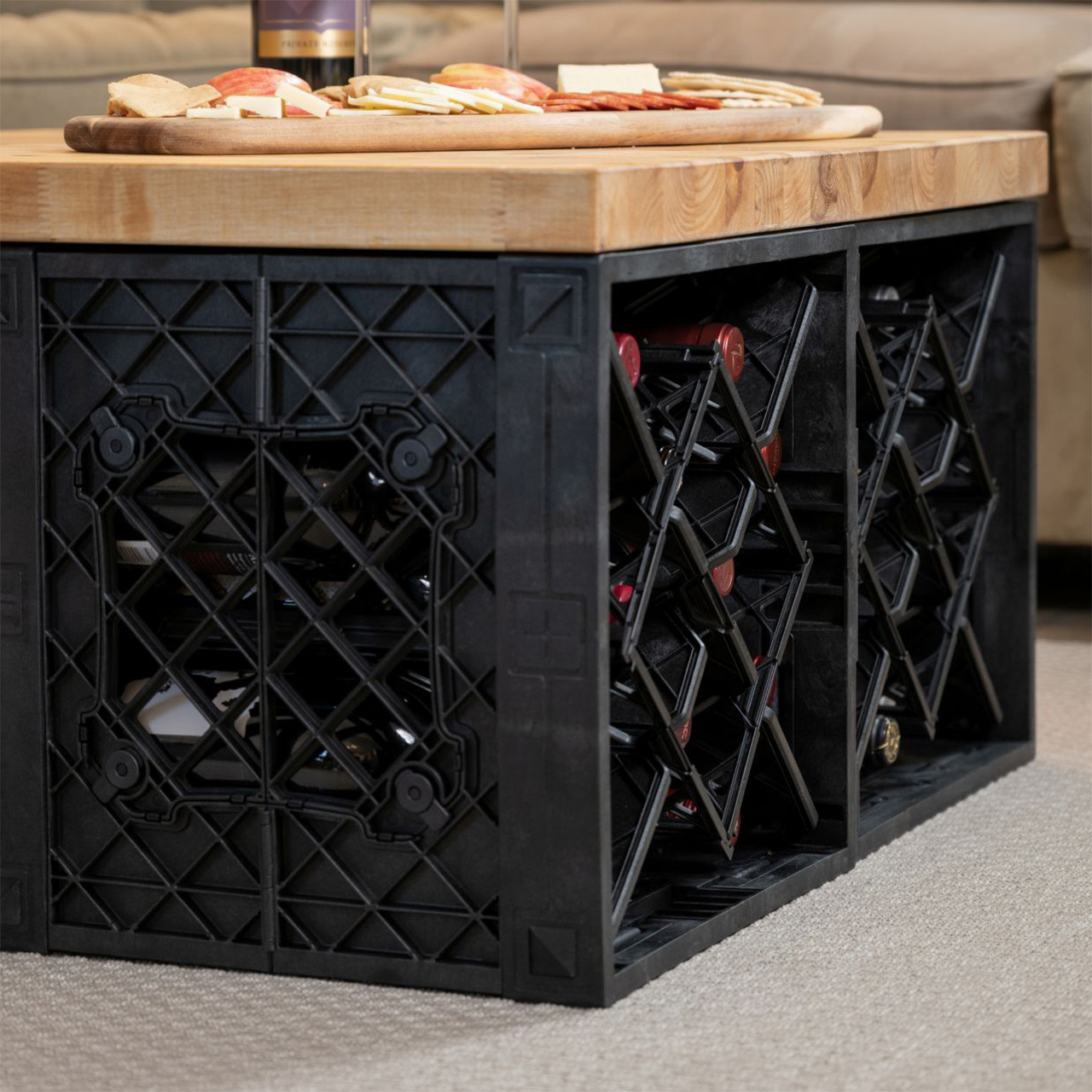 Side view of CrateWine&trade; modular wine storage crate with WineX&trade; insert holding bottles horizontally.