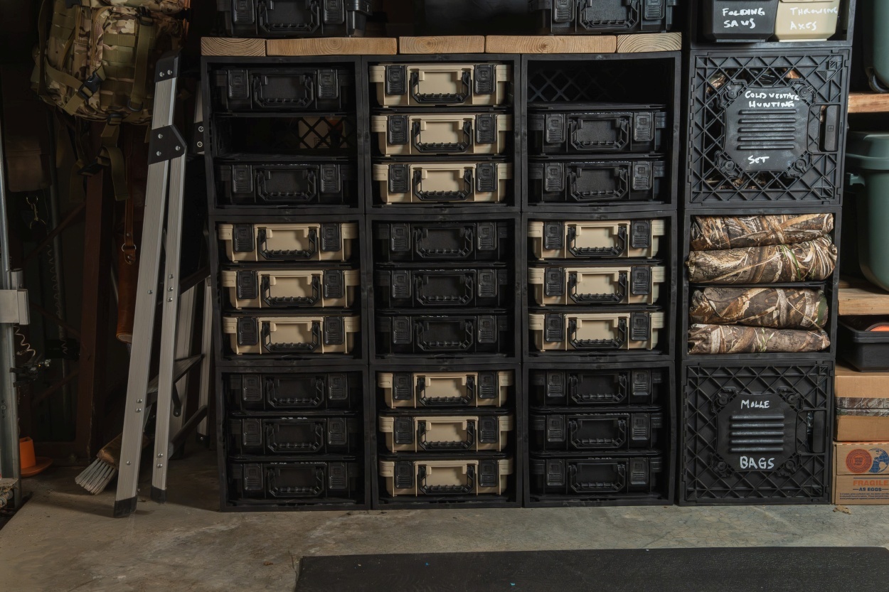 Organized modular crate storage system with stacked bins for gear organization and small item storage