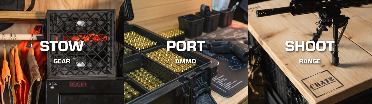 CrateShot modular system showing stow gear storage, port ammo transport, and shoot range setup